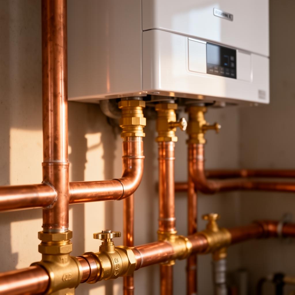 Copper plumbing pipework on a freshly installed boiler